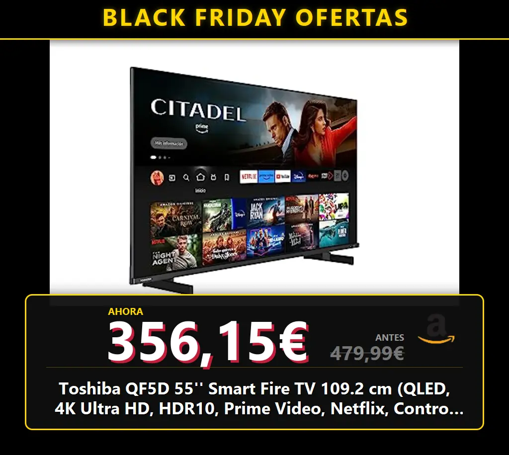 Toshiba QF5D 55'' Smart Fire TV 109.2 cm (QLED, 4K Ultra HD, HDR10, Prime Video, Netflix, Control de Voz de Alexa, DVB-T2, HDMI 2.1, Bluetooth, AirPlay), Negro