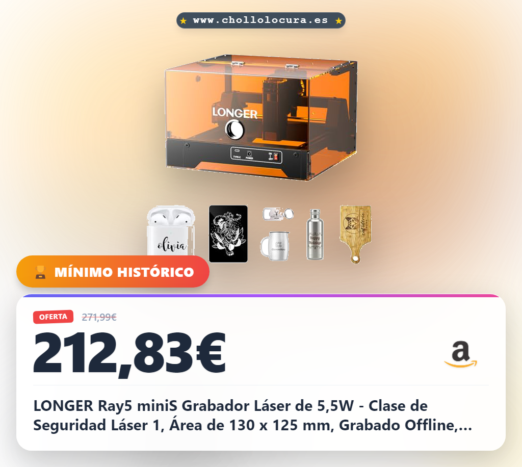 LONGER Ray5 miniS Grabador Láser de 5,5W - Clase de Seguridad Láser 1, Área de 130 x 125 mm, Grabado Offline, Apto para Madera, Acrílico, Metal Recubierto y Cuero, Ideal para Principiantes