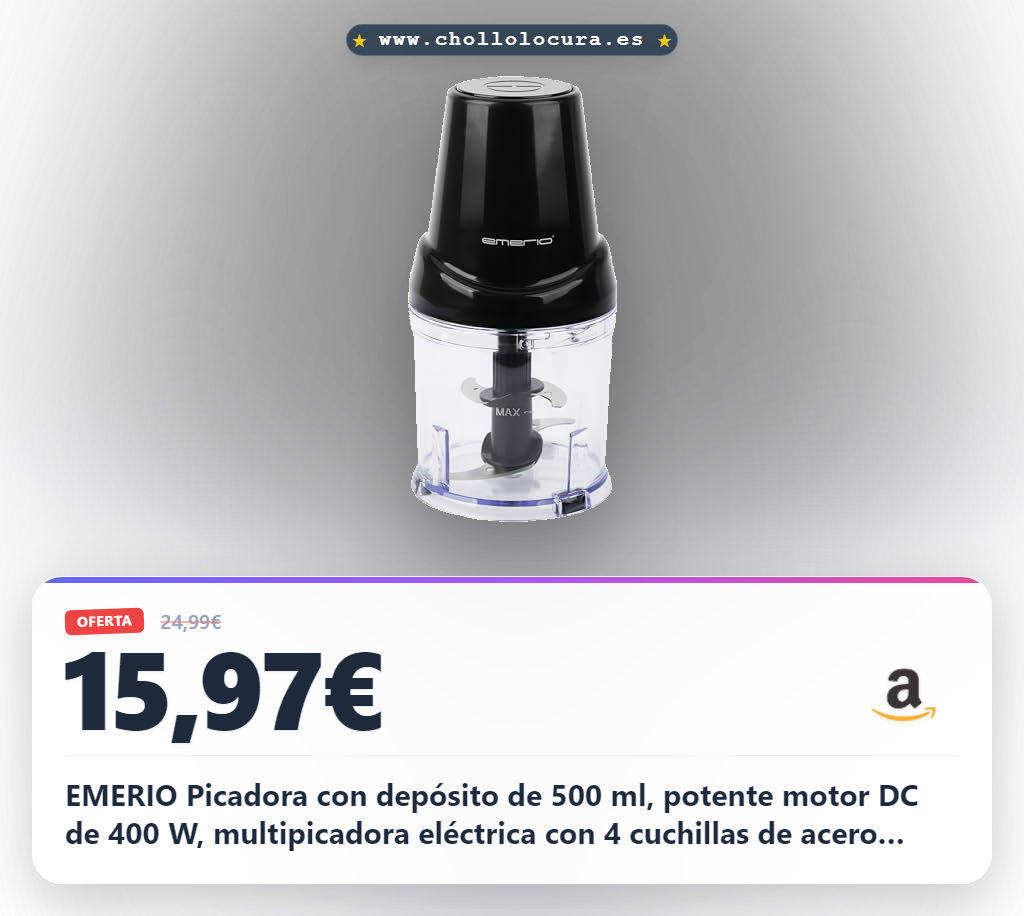 EMERIO Picadora con depósito de 500 ml, potente motor DC de 400 W, multipicadora eléctrica con 4 cuchillas de acero inoxidable para picar carne, cebolla, fruta y verduras, MC-132890