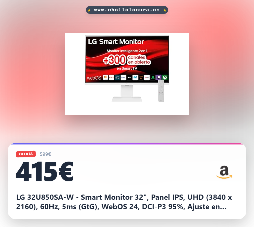 LG 32U850SA-W - Smart Monitor 32", Panel IPS, UHD (3840 x 2160), 60Hz, 5ms (GtG), WebOS 24, DCI-P3 95%, Ajuste en Inclinación (Eje Horizontal), Blanco
