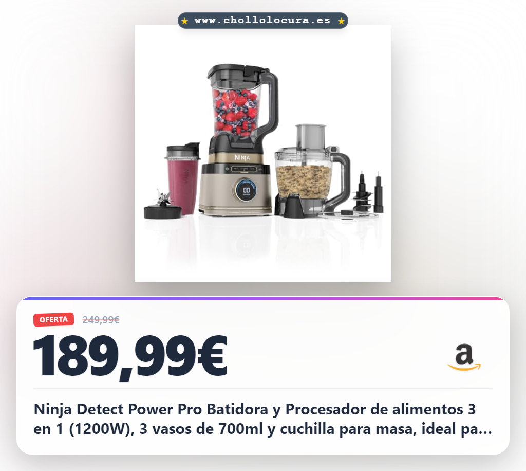 Ninja Detect Power Pro Batidora y Procesador de alimentos 3 en 1 (1200W), 3 vasos de 700ml y cuchilla para masa, ideal para mezclar, picar y batir, piedra dorada, TB401EUSTGD