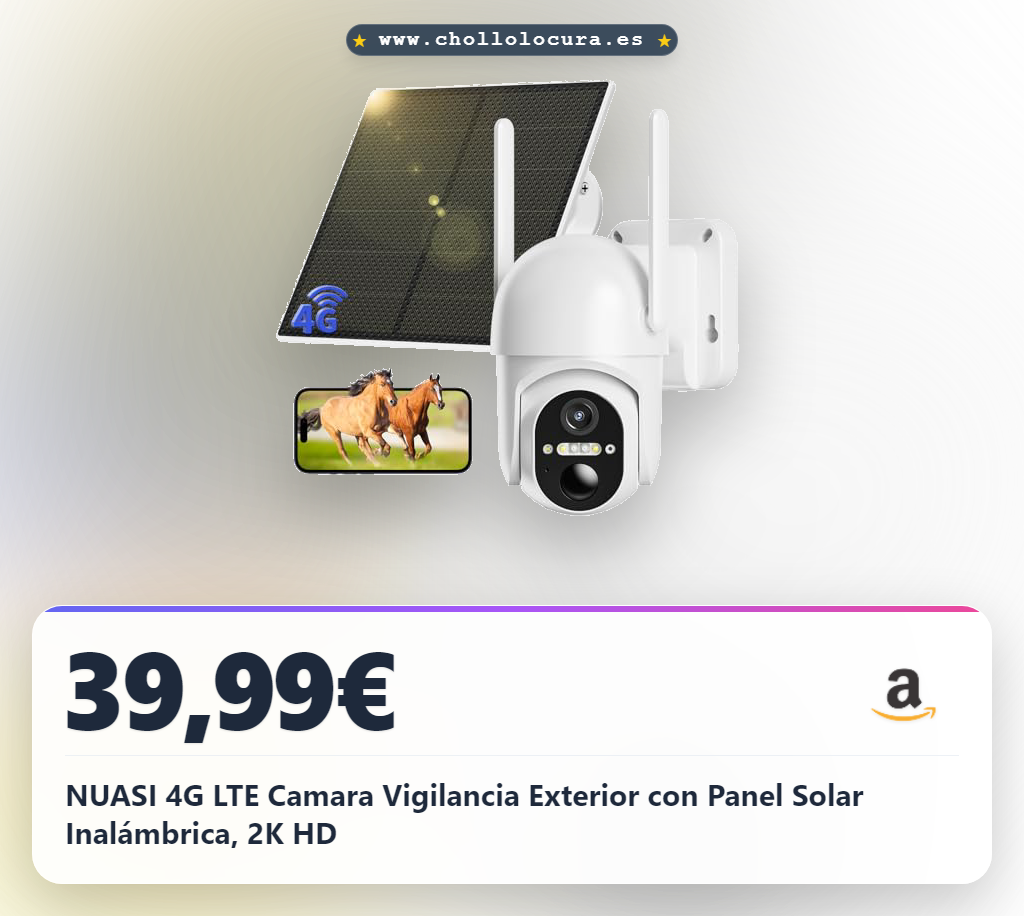 Consigue la Cámara Vigilancia Exterior NUASI 4G LTE Solar 2K HD Inalámbrica para proteger tu hogar.
