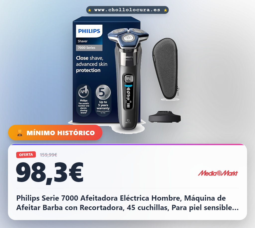 Philips Serie 7000 Afeitadora Eléctrica Hombre, Máquina de Afeitar Barba con Recortadora, 45 cuchillas, Para piel sensible, 60min de uso, En Seco y Húmedo, Recargable, Base Carga, S7887/35, Gris