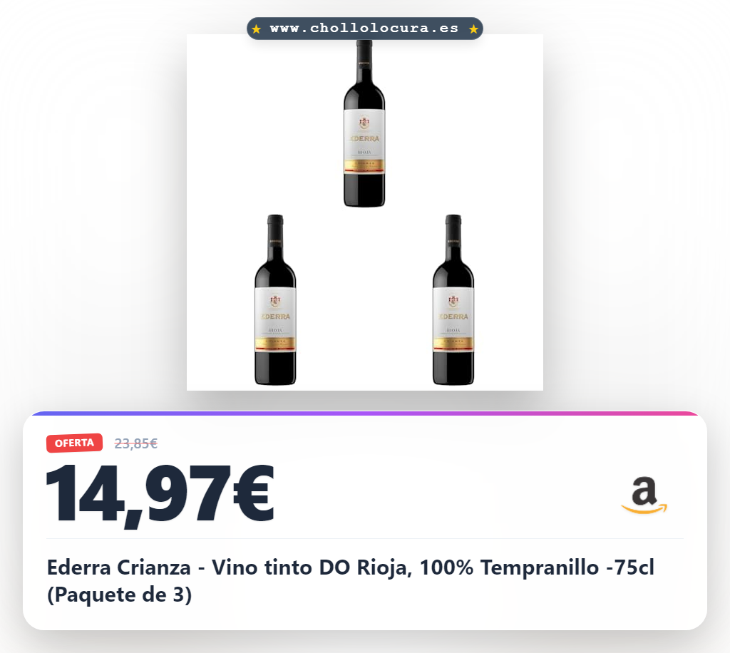 Ederra Crianza - Vino tinto DO Rioja, 100% Tempranillo -75cl (Paquete de 3)