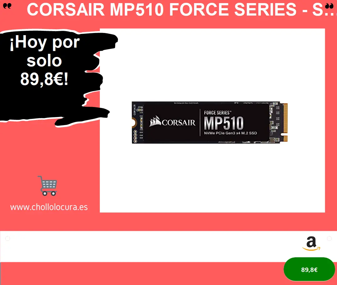 Corsair MP510 Force Series - SSD M.2 NVMe PCIe 3 x4 de Adecuada Velocidad de 960 GB (Velocidad de Lectura Secuencial de Hasta 3480 MB/s y de 3000 MB/s de Escritura Secuencial, Formato), Negro