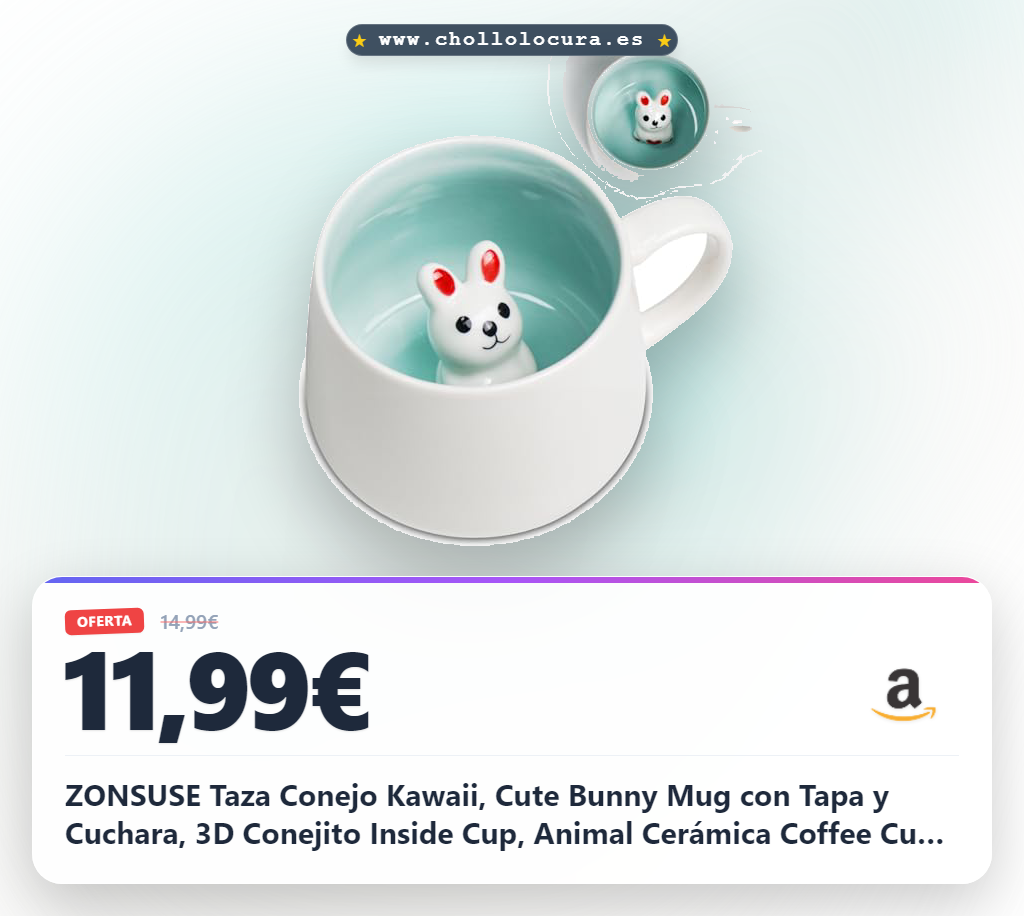 Aprovecha la Taza Conejo Kawaii ZONSUSE 3D de Cerámica (350ml) con tapa y cuchara a precio de chollo