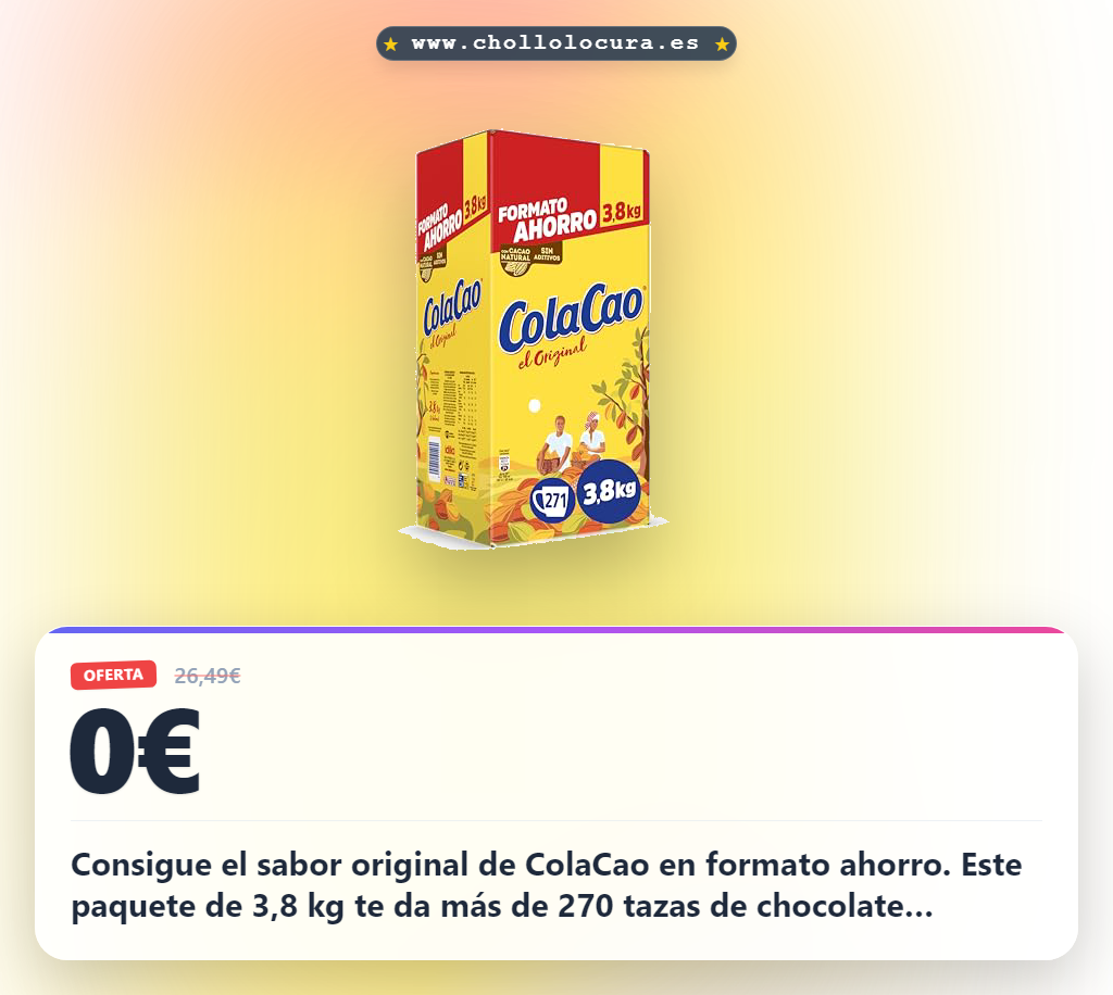 Aprovecha el ColaCao Original 3,8kg. Cacao natural sin aditivos para disfrutar en formato ahorro al mejor precio.