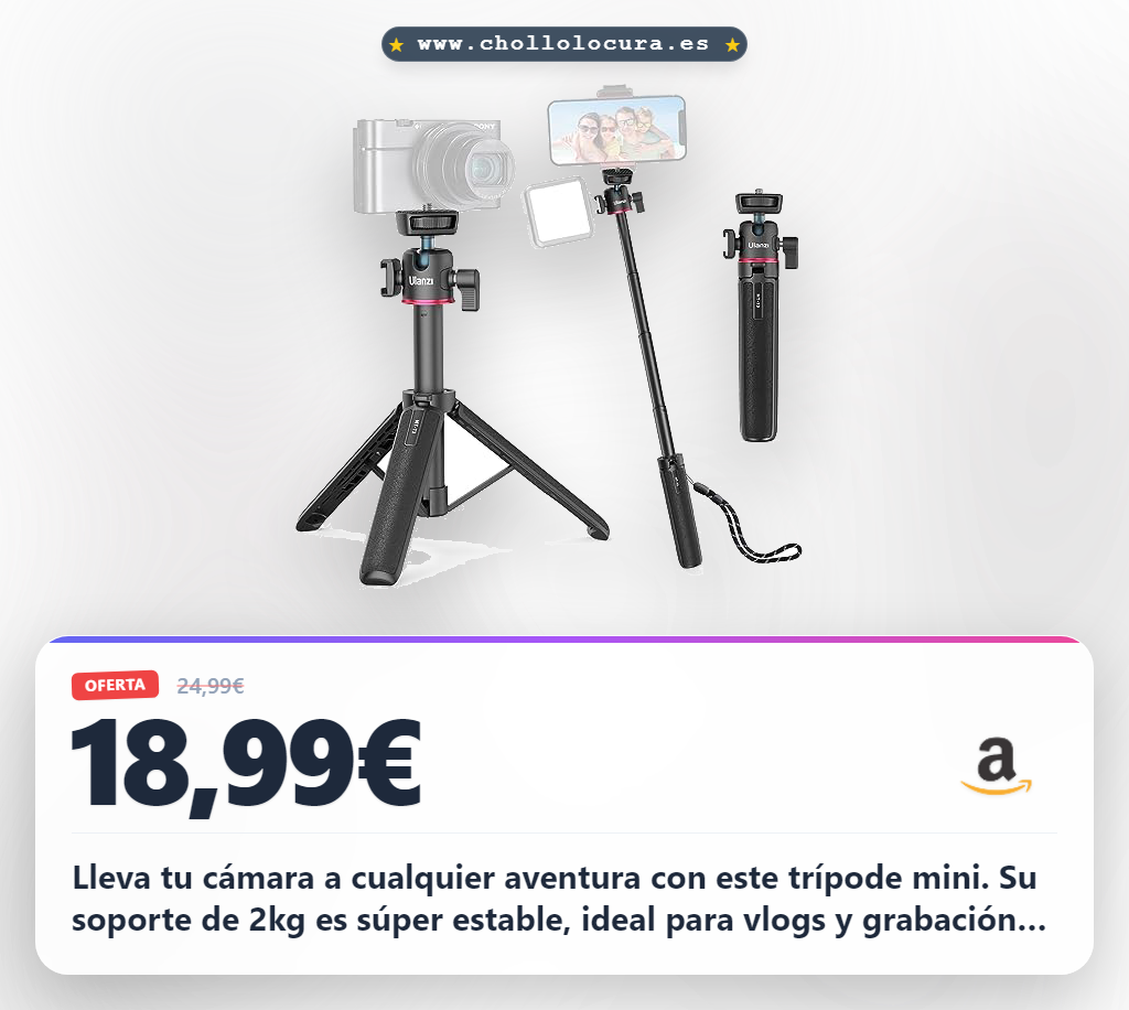 Lleva tu cámara a cualquier aventura con este trípode mini. Su soporte de 2kg es súper estable, ideal para vlogs y grabación profesional. Ajusta el ángulo con la cabeza de metal y llévalo siempre en el bolsillo. La máxima versatilidad para tus proyectos.