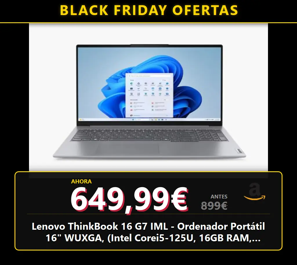 Lenovo ThinkBook 16 G7 IML - Ordenador Portátil 16" WUXGA, (Intel Corei5-125U, 16GB RAM, 512SSD, Integrated Intel Graphics, W11Pro), Arctic Grey -Teclado QWERTY Español