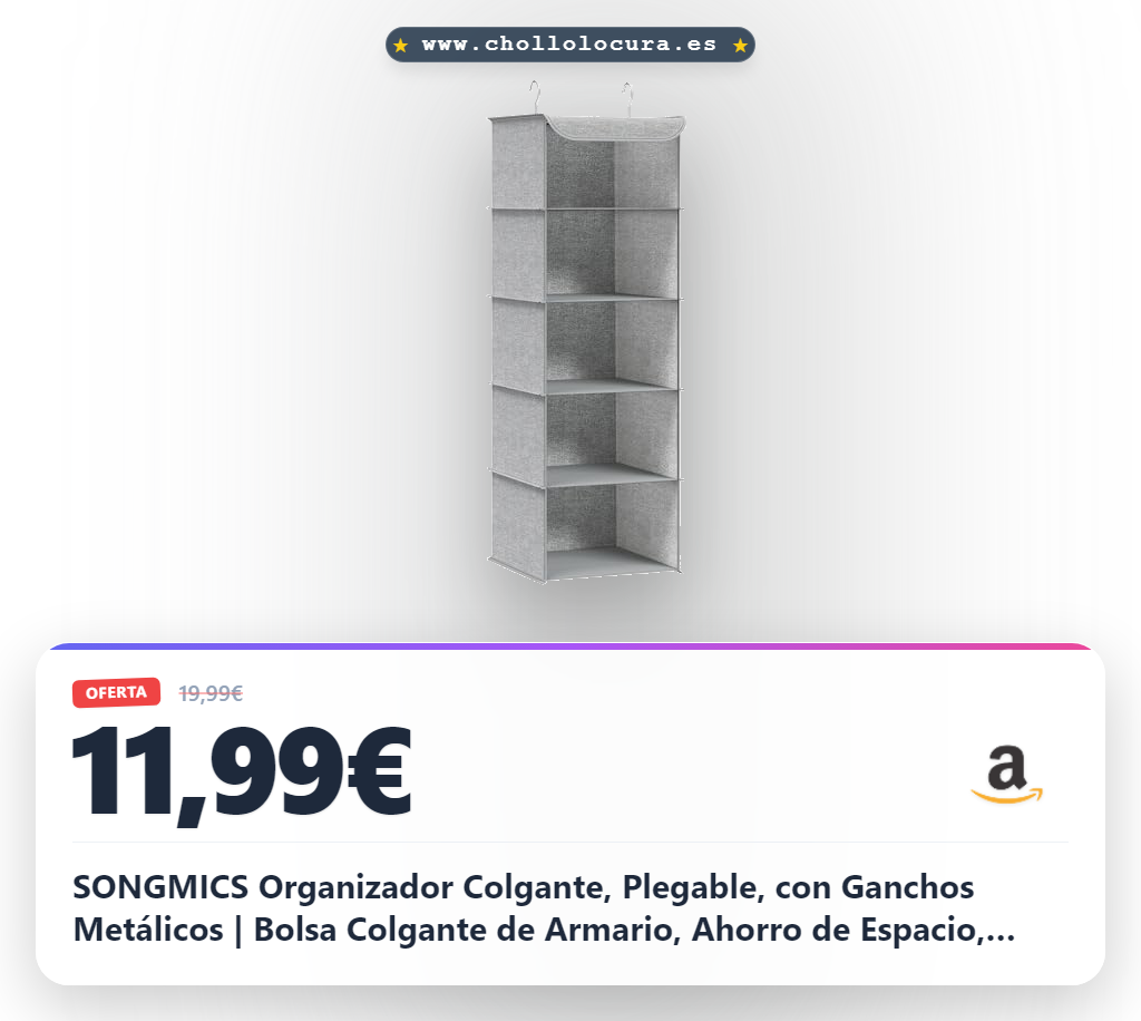 SONGMICS Organizador Colgante, Plegable, con Ganchos Metálicos | Bolsa Colgante de Armario, Ahorro de Espacio, Refuerzo de Bambú, Patrón de Lino, Gris Paloma, Colección TINA RCH005W01