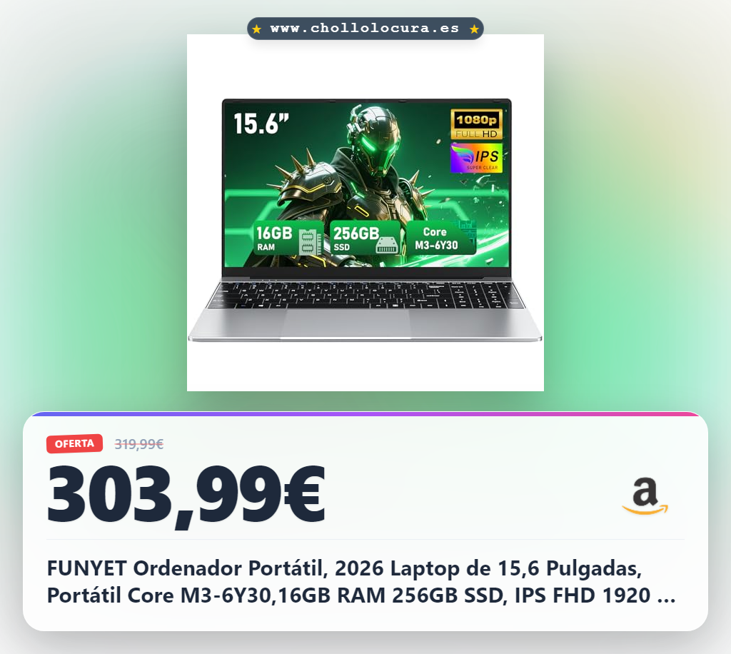FUNYET Ordenador Portátil, 2026 Laptop de 15,6 Pulgadas, Portátil Core M3-6Y30,16GB RAM 256GB SSD, IPS FHD 1920 x 1080 Notebook Laptop, 180°Open, 5000 mAh,Supports TF Cards, Estudiante,Type-C