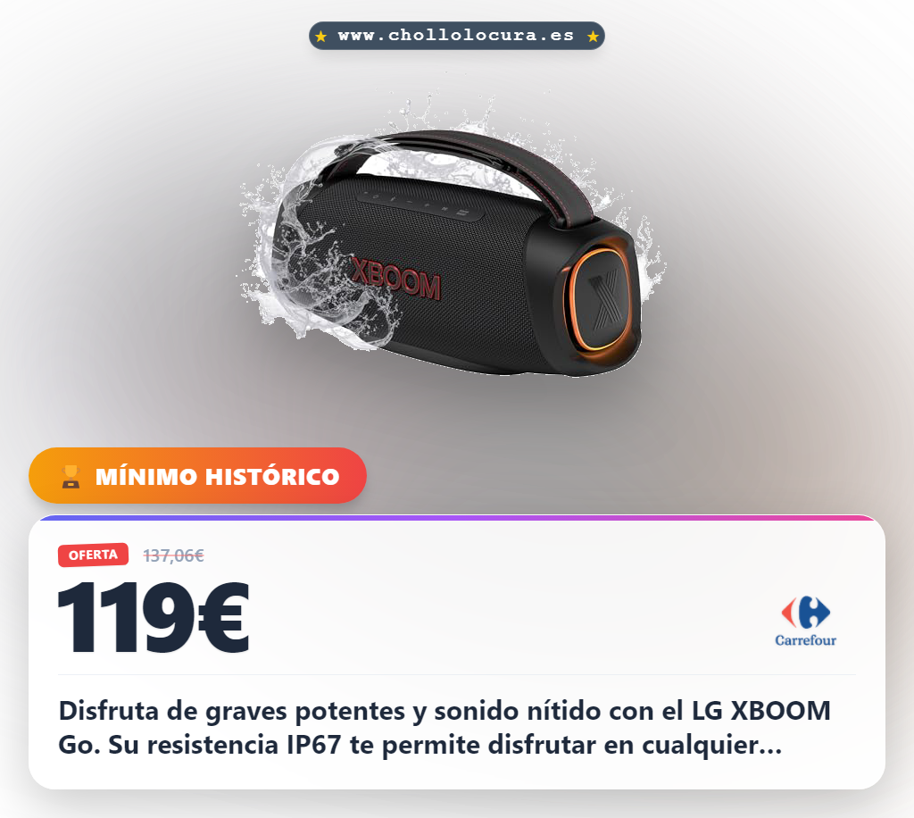 Disfruta de graves potentes y sonido nítido con el LG XBOOM Go. Su resistencia IP67 te permite disfrutar en cualquier aventura sin preocupaciones. Batería de 15 horas y luces personalizables para crear tu ambiente perfecto.