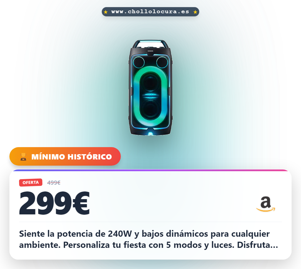 Aprovecha la Samsung Sound Tower MX-ST50F. Consigue 240W de potencia y resistencia IPX4 para disfrutar 18 horas de música en oferta