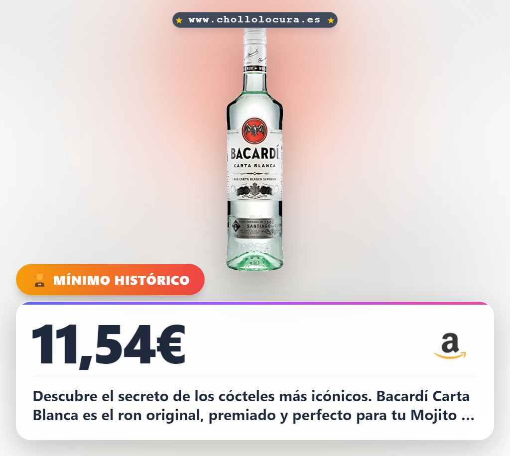 Disfruta el Ron Bacardí Carta Blanca premiado, perfecto para Mojitos y Daiquiris a precio de chollo.