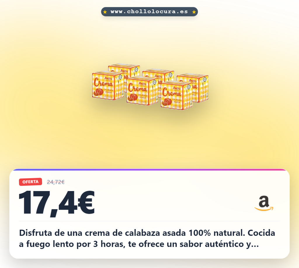 Disfruta de una crema de calabaza asada 100% natural. Cocida a fuego lento por 3 horas, te ofrece un sabor auténtico y reconfortante. Sin lactosa, gluten ni huevo, es perfecta para ti. Una opción casera, saludable y deliciosa que te encantará.