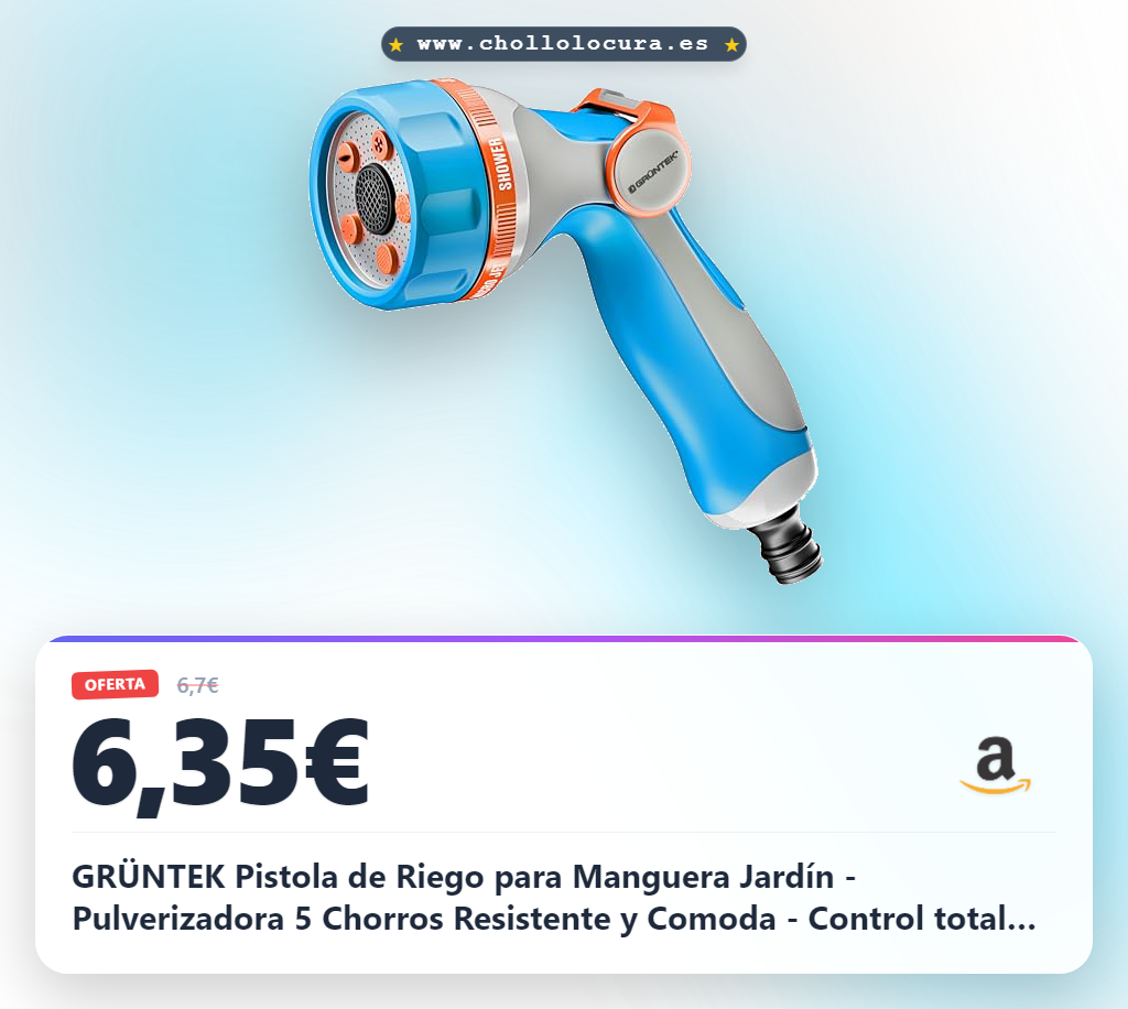 Aprovecha esta pistola de riego GRÜNTEK con 5 chorros para jardín y coche. Control total con una mano. Al mejor precio.