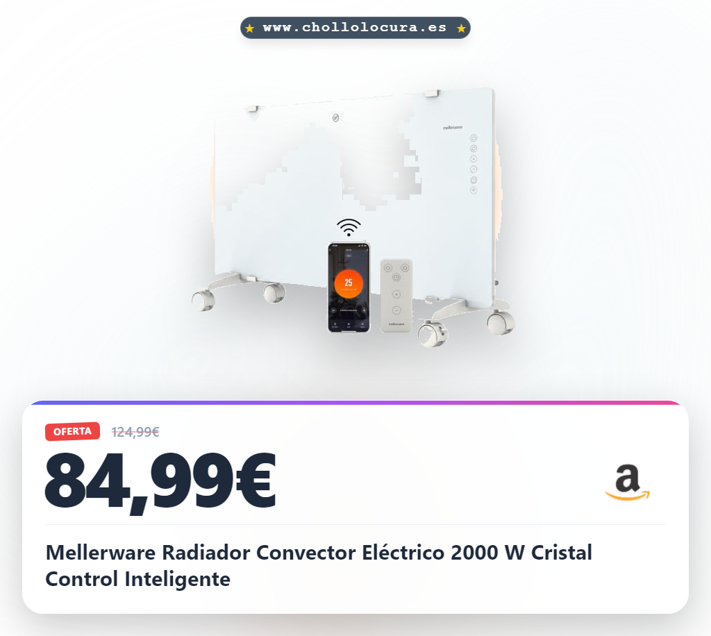 Mellerware Radiador Convector Eléctrico 2000 W Cristal Control Inteligente