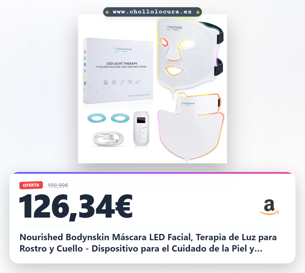 Nourished Bodynskin Máscara LED Facial, Terapia de Luz para Rostro y Cuello - Dispositivo para el Cuidado de la Piel y Arrugas - 7 Colores Rojo y Azul - Rejuvenecimiento, Producto Anti-envejecimiento