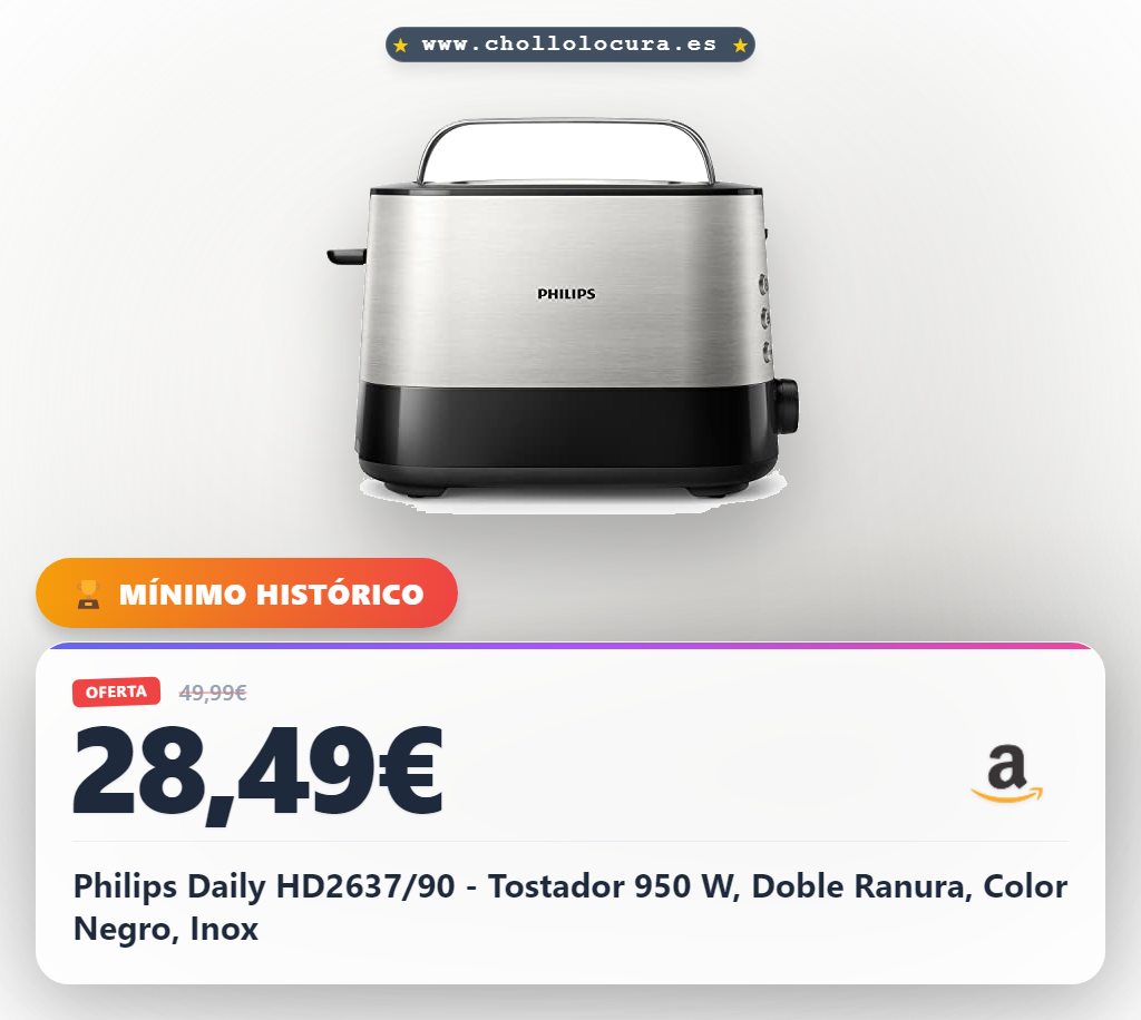 Philips Daily HD2637/90 - Tostador 950 W, Doble Ranura, Color Negro, Inox
