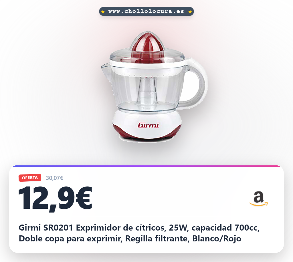 Girmi SR0201 Exprimidor de cítricos, 25W, capacidad 700cc, Doble copa para exprimir, Regilla filtrante, Blanco/Rojo