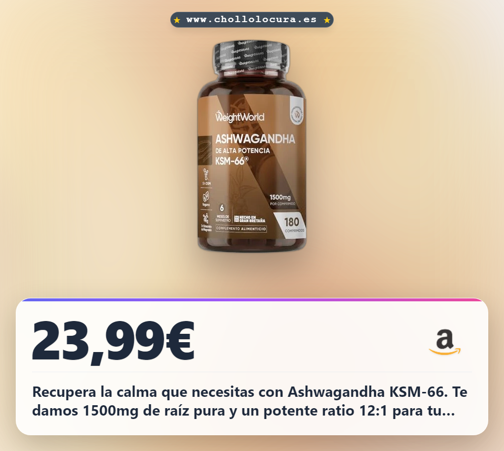Descubre Ashwagandha KSM-66 12:1, 180 comprimidos para 6 meses. Fórmula vegana y sin OGM en oferta histórica.