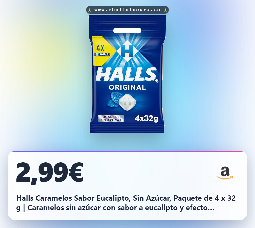 Halls Caramelos Sabor Eucalipto, Sin Azúcar, Paquete de 4 x 32 g | Caramelos sin azúcar con sabor a eucalipto y efecto refrescante, perfectos para disfrutar de frescor en cualquier momento