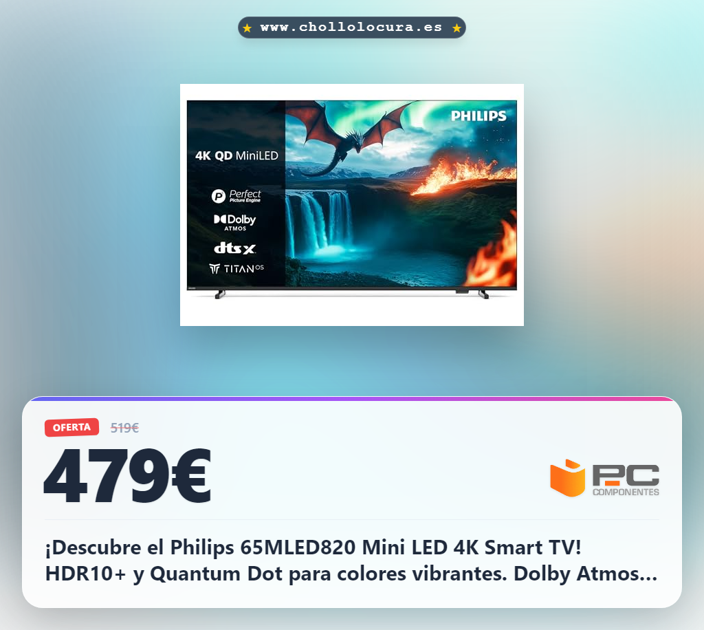 Philips 65MLED820 Mini LED 4K Smart TV - Pantalla de 65 Pulgadas con Motor P5 Picture Engine Ultra HD, Titan OS, Dolby Vision y Sonido Dolby Atmos
