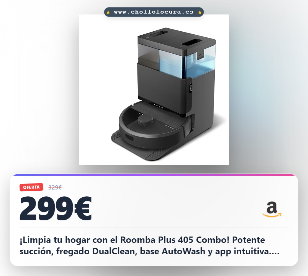 iRobot Roomba Plus 405 Combo con Base AutoWash multifunción y autolimpiable, Lavado y Secado mopas DualClean elevables, Clearview LiDAR, 75 días de autovaciado, Doble fregado con SmartScrub, App_N