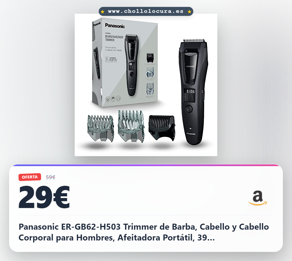 Panasonic ER-GB62-H503 Trimmer de Barba, Cabello y Cabello Corporal para Hombres, Afeitadora Portátil, 39 Configuraciones de Longitud, 3 Accesorios, Operación Inalámbrica y con Cable, Gris Mate