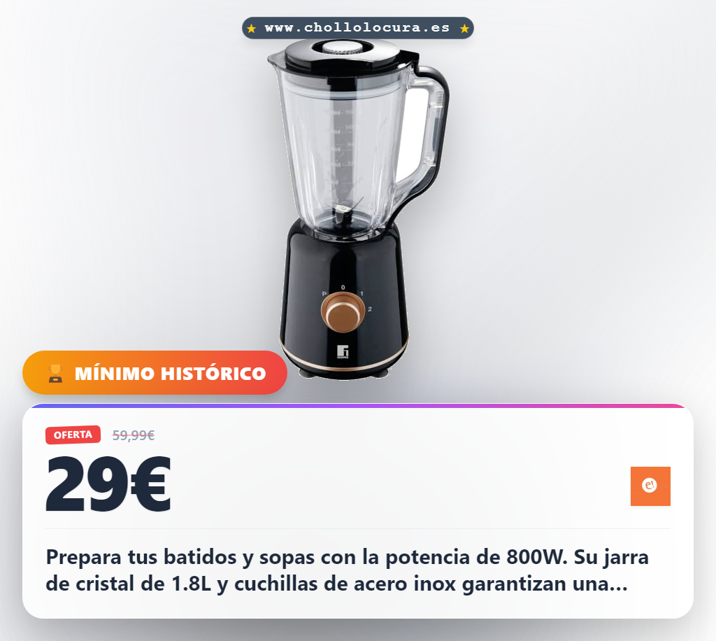Descubre la batidora Bergner Copper de 800W con jarra de cristal de 1.8L y función pulso al mejor precio del año.