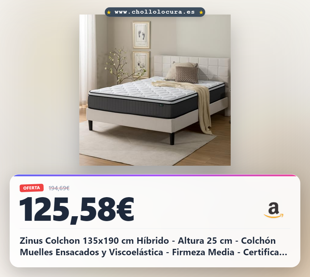 Zinus Colchon 135x190 cm Híbrido - Altura 25 cm - Colchón Muelles Ensacados y Viscoelástica - Firmeza Media - Certificado OEKO-TEX