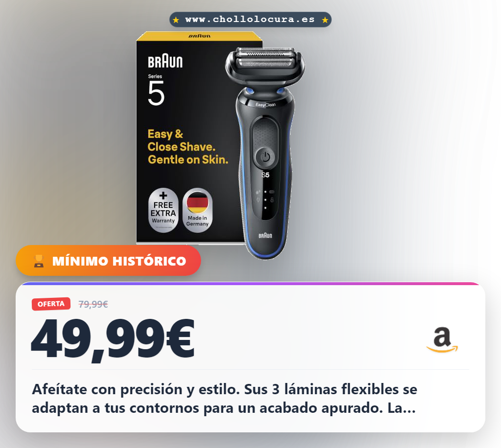 Consigue la afeitadora Braun Series 5 con 3 láminas flexibles y EasyClean. Batería de litio de 3 semanas al mejor precio.