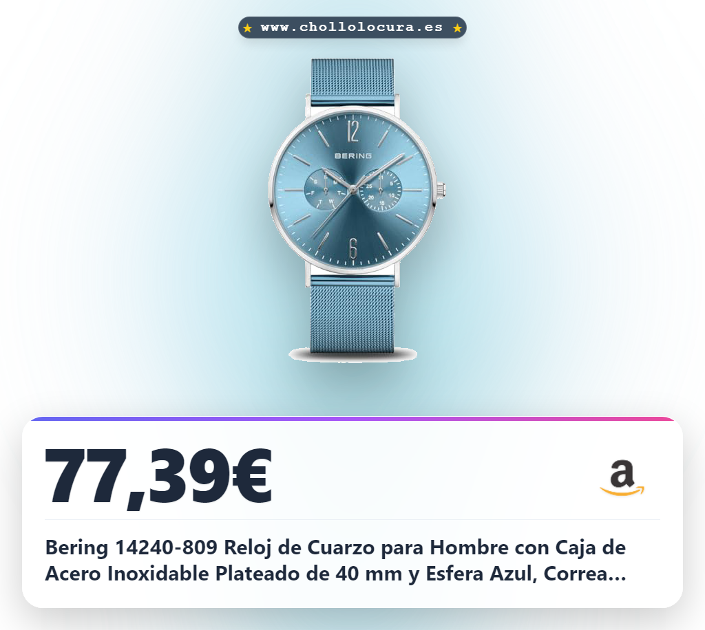 Bering 14240-809 Reloj de Cuarzo para Hombre con Caja de Acero Inoxidable Plateado de 40 mm y Esfera Azul, Correa milanesa, Cristal de Zafiro y Resistencia al Agua de 3 ATM