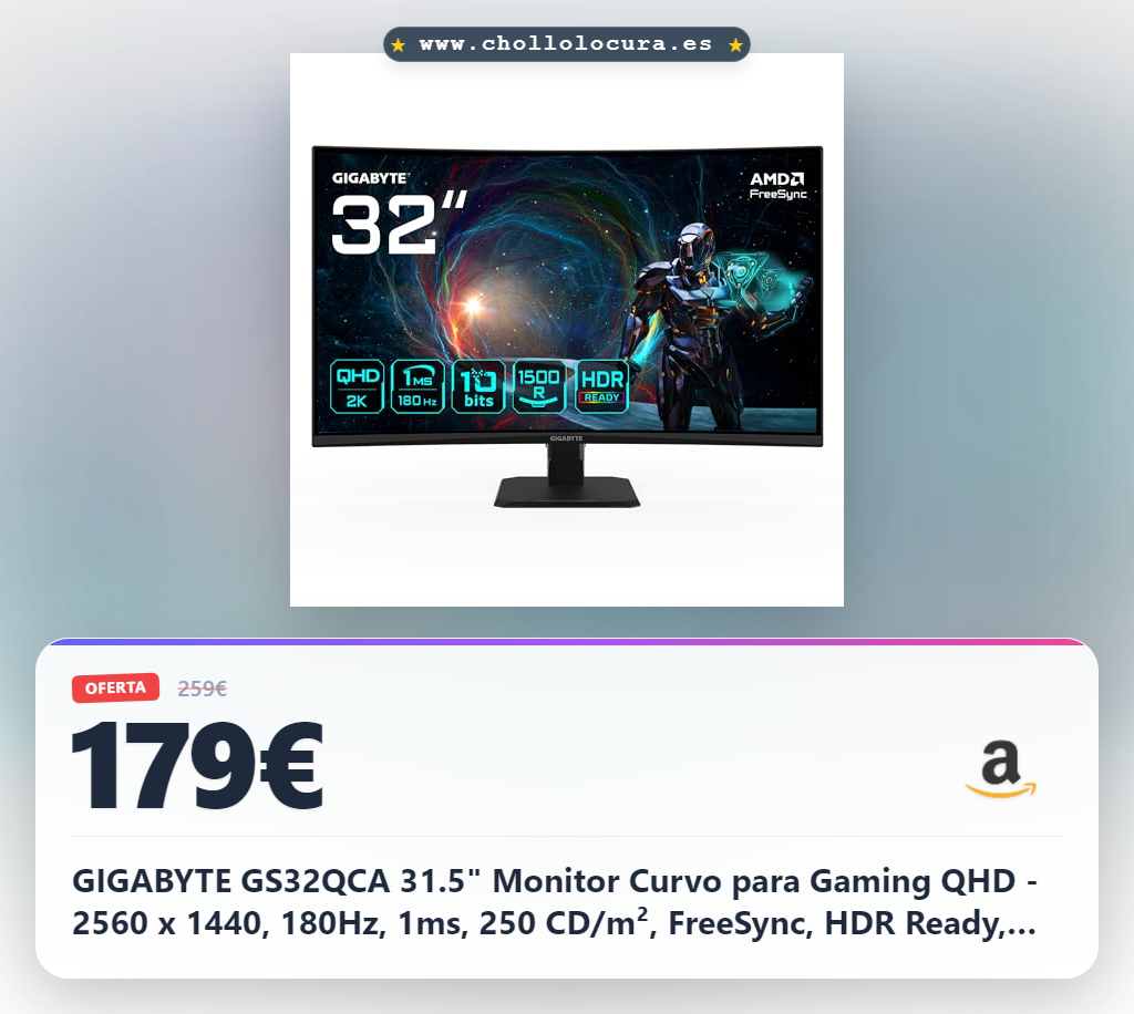 GIGABYTE GS32QCA 31.5" Monitor Curvo para Gaming QHD - 2560 x 1440, 180Hz, 1ms, 250 CD/m², FreeSync, HDR Ready, HDMI 2.0, DisplayPort 1.4