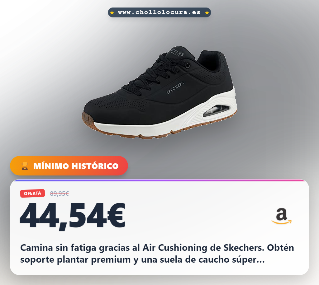 Consigue las Skechers Uno Stand On Air para hombres. Disfruta de la tecnología Air Cushioning y soporte plantar premium a precio de chollo.