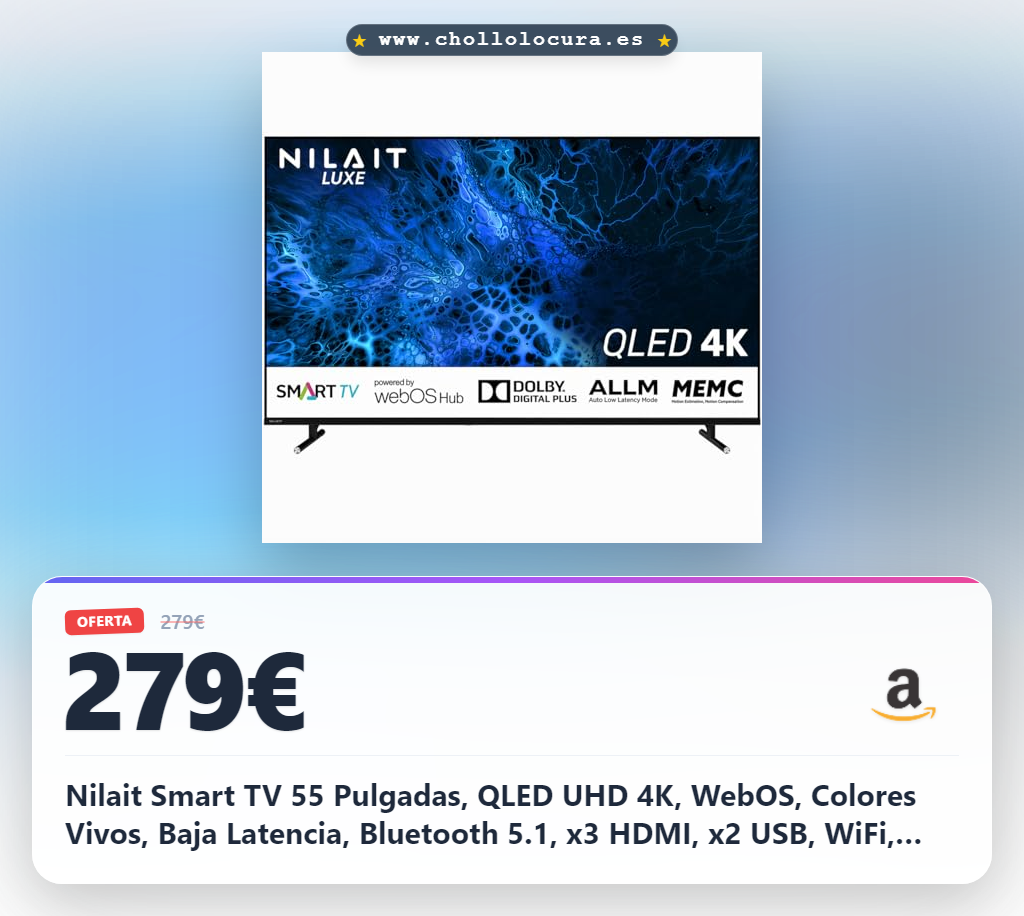 Nilait Smart TV 55 Pulgadas, QLED UHD 4K, WebOS, Colores Vivos, Baja Latencia, Bluetooth 5.1, x3 HDMI, x2 USB, WiFi, Smart TV Negra