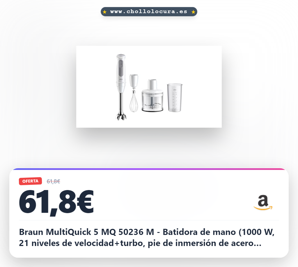 Braun MultiQuick 5 MQ 50236 M - Batidora de mano (1000 W, 21 niveles de velocidad+turbo, pie de inmersión de acero inoxidable, sistema Easy Click, SplashControl, incluye picadora de 500 ml, batidor,
