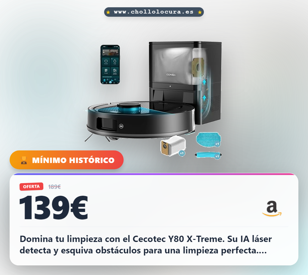 Aprovecha el robot aspirador y fregasuelos Cecotec Y80 X-Treme con navegación IA láser y fregado potente al mejor precio