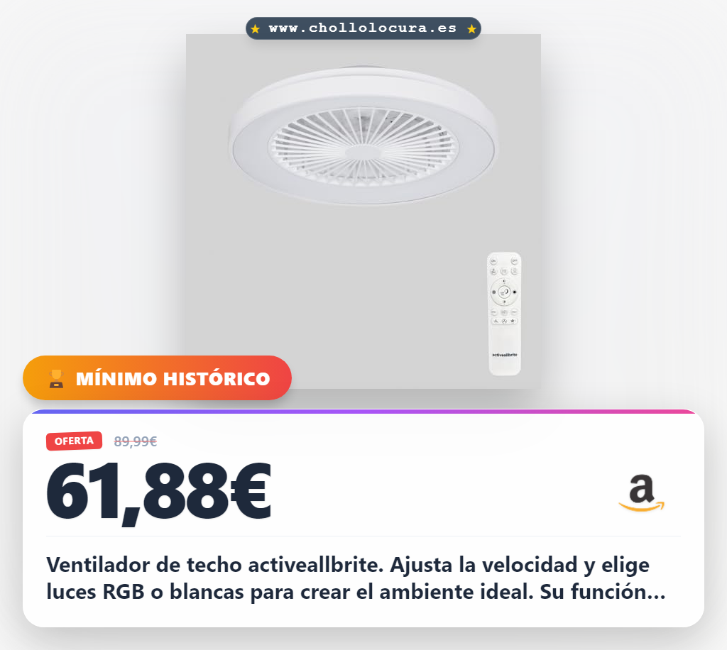 Aprovecha el ventilador de techo blanco Activeallbrite con luces RGB y control remoto. Súper silencioso y reversible para tu dormitorio.