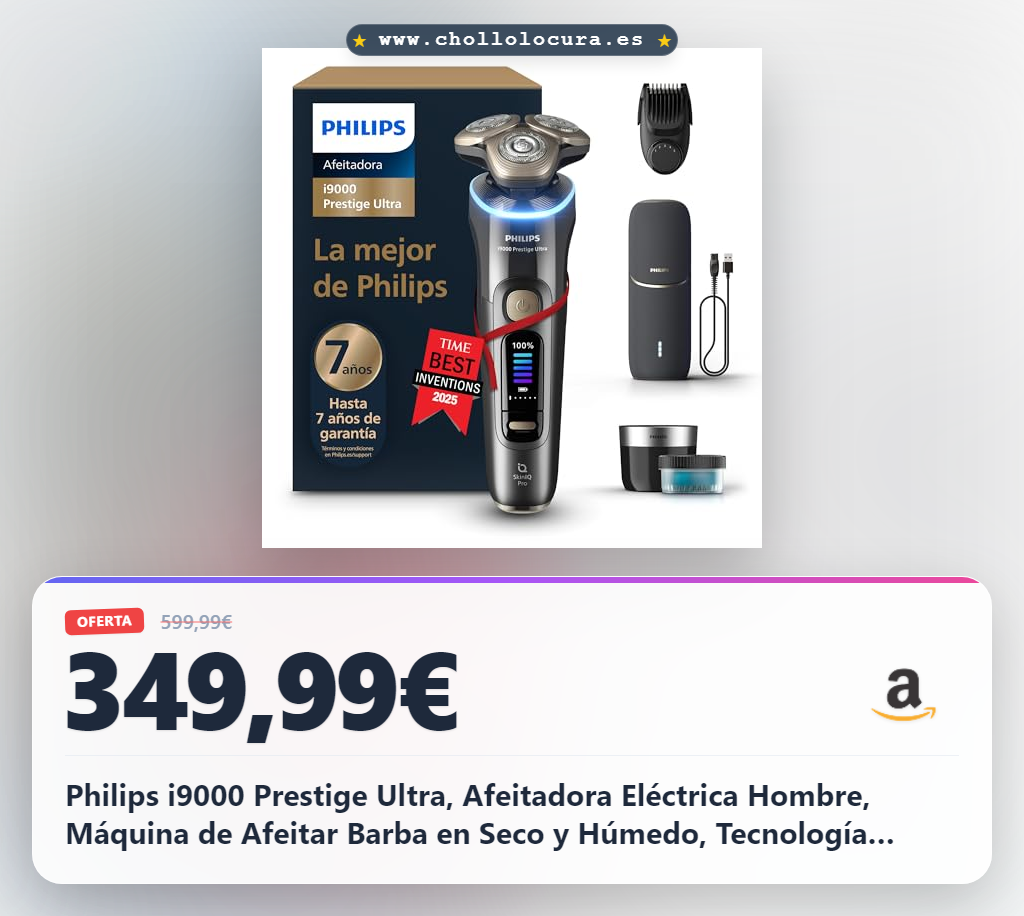 Philips i9000 Prestige Ultra, Afeitadora Eléctrica Hombre, Máquina de Afeitar Barba en Seco y Húmedo, Tecnología SkinIQ Pro, Recargable, Centro de limpieza, Recortador, Estuche de Carga UV, XP9402/46
