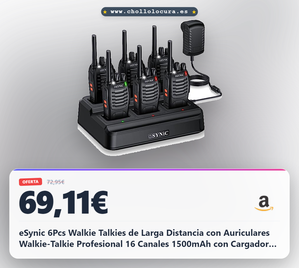 eSynic 6Pcs Walkie Talkies de Larga Distancia con Auriculares Walkie-Talkie Profesional 16 Canales 1500mAh con Cargador USB Soporta VOX para Sobrevivir en el Campo Ciclisimo