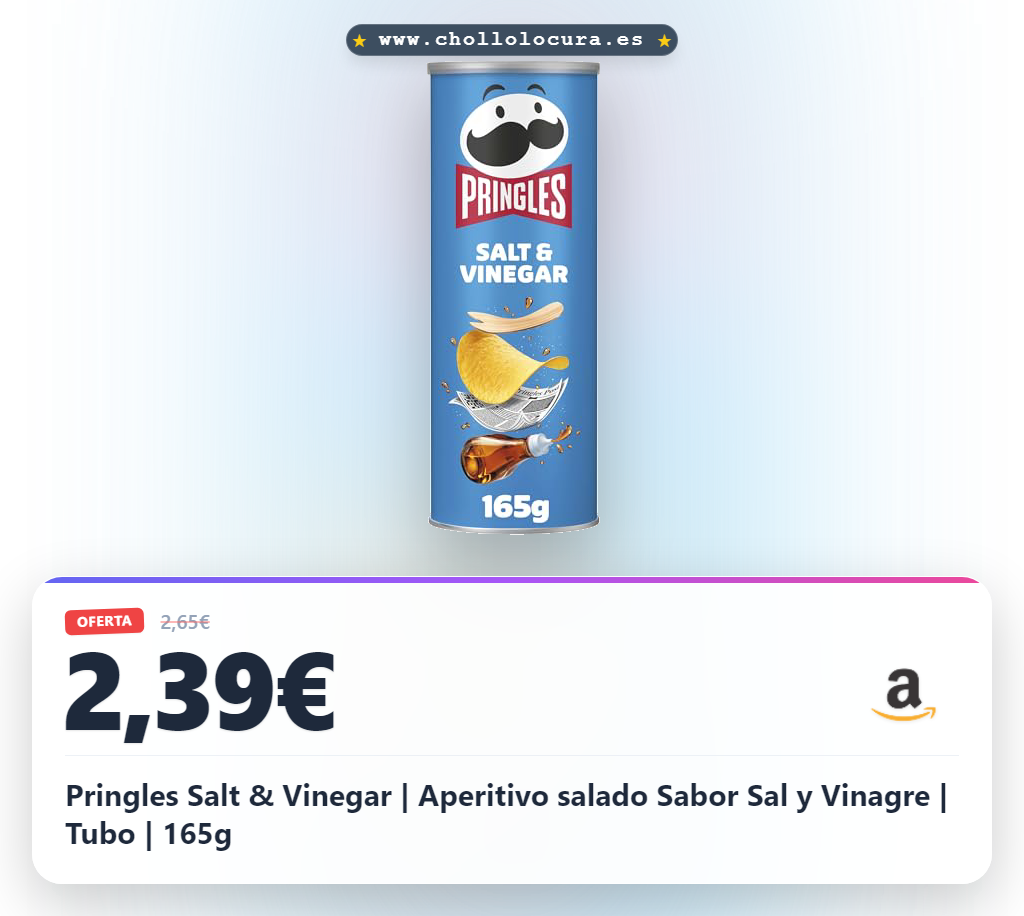 Pringles Salt & Vinegar | Aperitivo salado Sabor Sal y Vinagre | Tubo | 165g