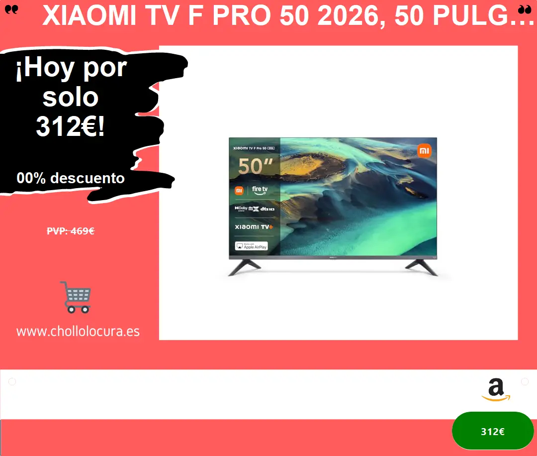 Xiaomi TV F Pro 50 2026, 50 Pulgadas (127 cm), QLED 4K UHD, Smart TV, Fire TV, HDR10, Modo Game Boost 120 Hz, MEMC, Control por Voz con Alexa, 2GB+32GB, Compatible con Apple AirPlay, TV+