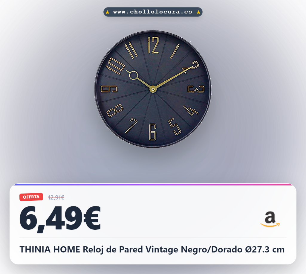 THINIA HOME Reloj de Pared Vintage Negro/Dorado Ø27.3 cm