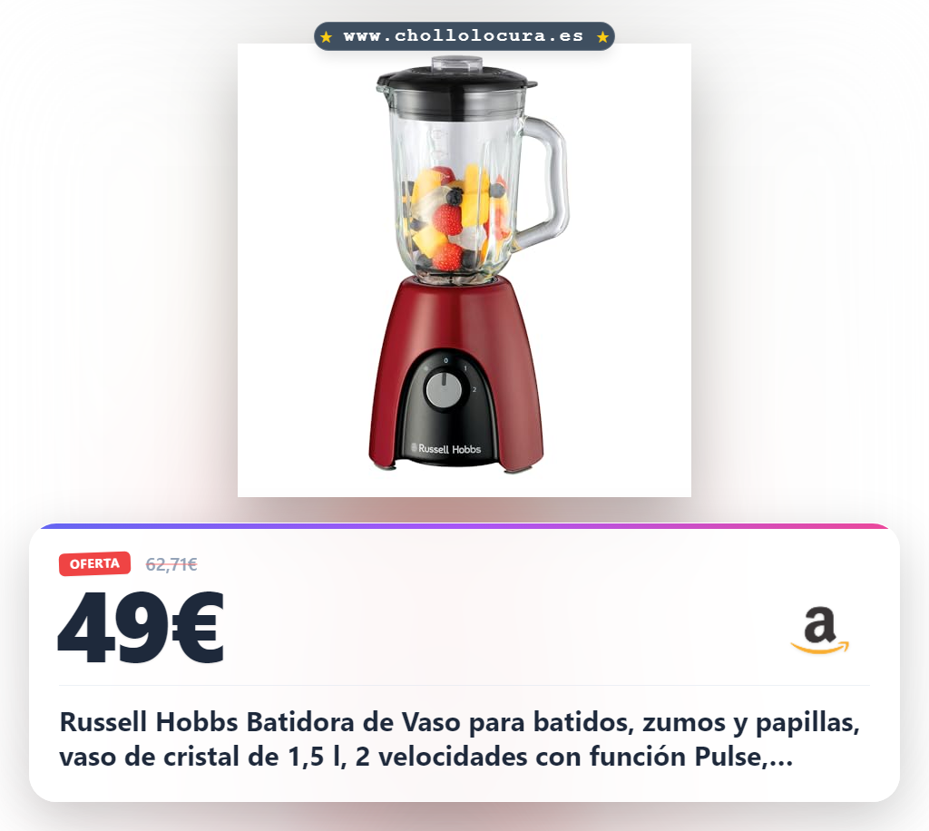 Russell Hobbs Batidora de Vaso para batidos, zumos y papillas, vaso de cristal de 1,5 l, 2 velocidades con función Pulse, cuchillas de acero inoxidable, sin BPA, 850 W max, Desire 27121-56