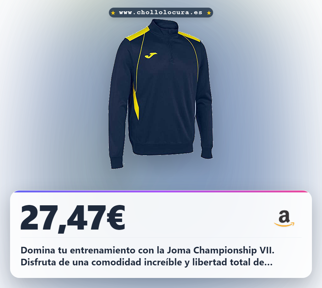 Aprovecha la sudadera Joma Championship VII en azul marino y amarillo, suave, cómoda y con ajuste ligero
