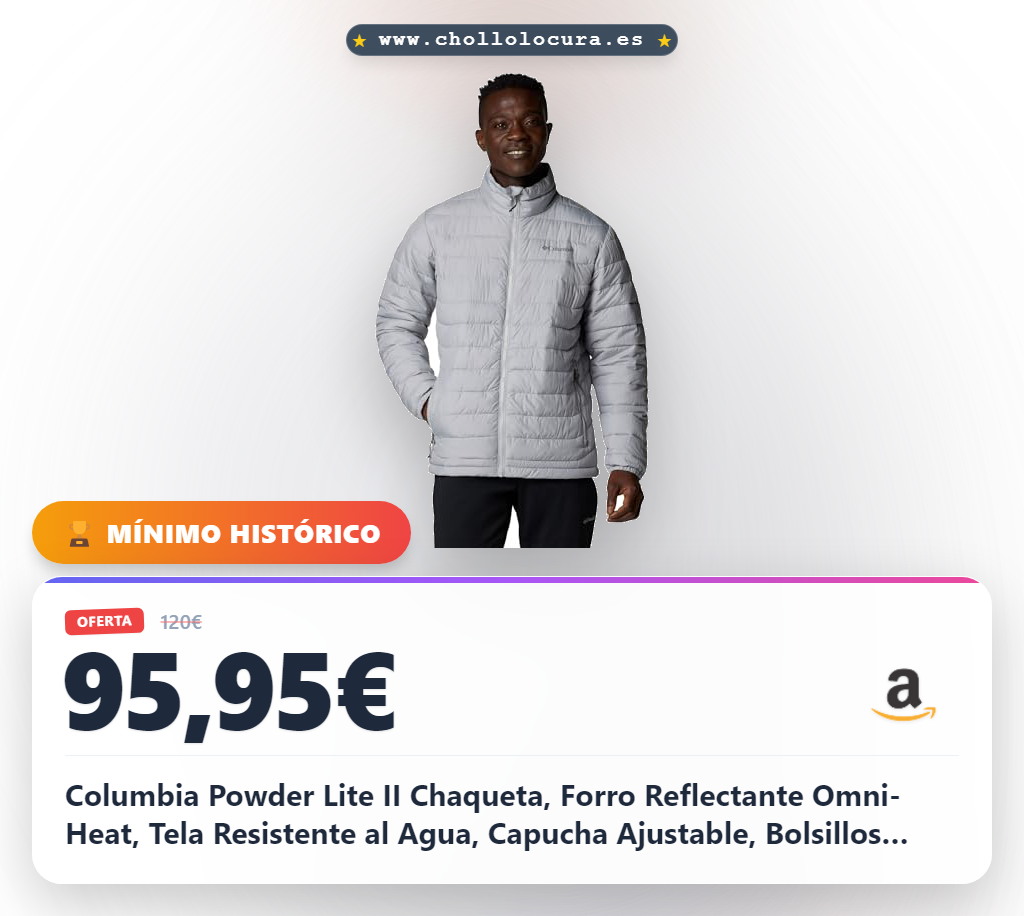 Columbia Powder Lite II Chaqueta, Forro Reflectante Omni-Heat, Tela Resistente al Agua, Capucha Ajustable, Bolsillos Seguros, Puños Elásticos - Hombre
