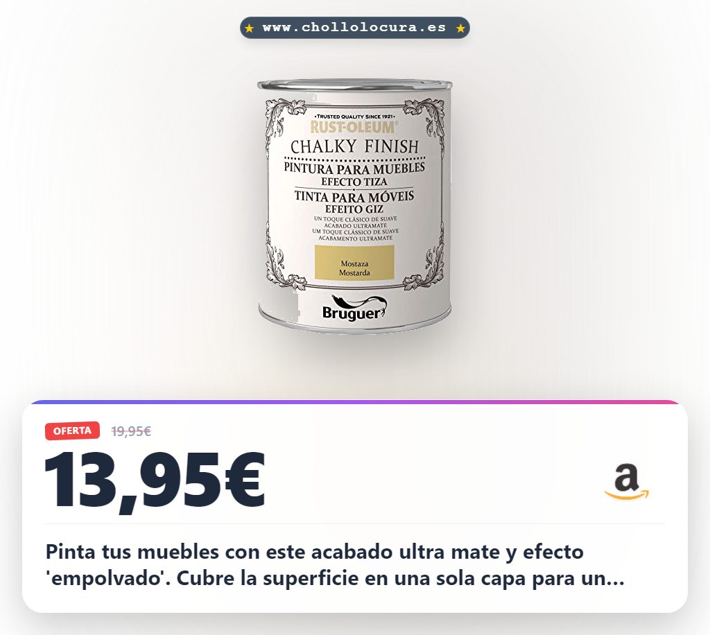 Descubre la pintura Rust-Oleum Bruguer Chalky Finish mostaza. Compra este acabado ultra mate sin olor y con gran cobertura en oferta.