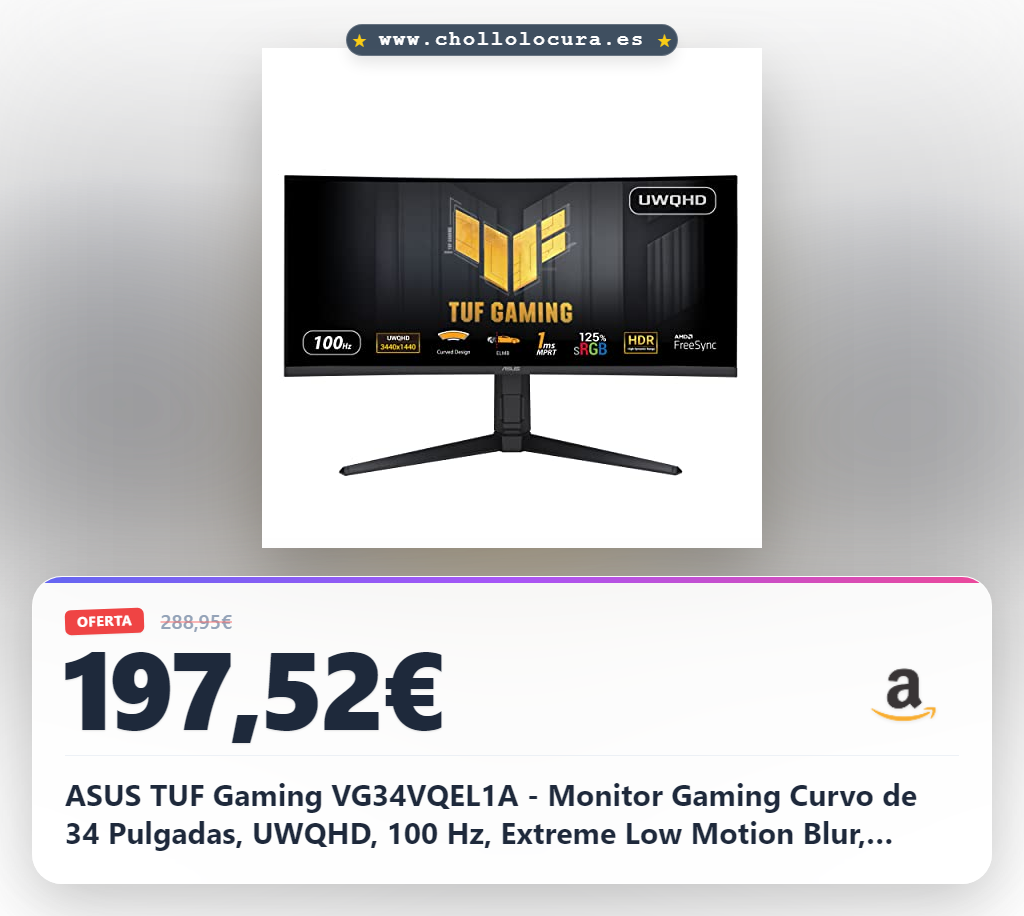 ASUS TUF Gaming VG34VQEL1A - Monitor Gaming Curvo de 34 Pulgadas, UWQHD, 100 Hz, Extreme Low Motion Blur, Freesync, 1ms MPRT, 125% sRGB, HDR