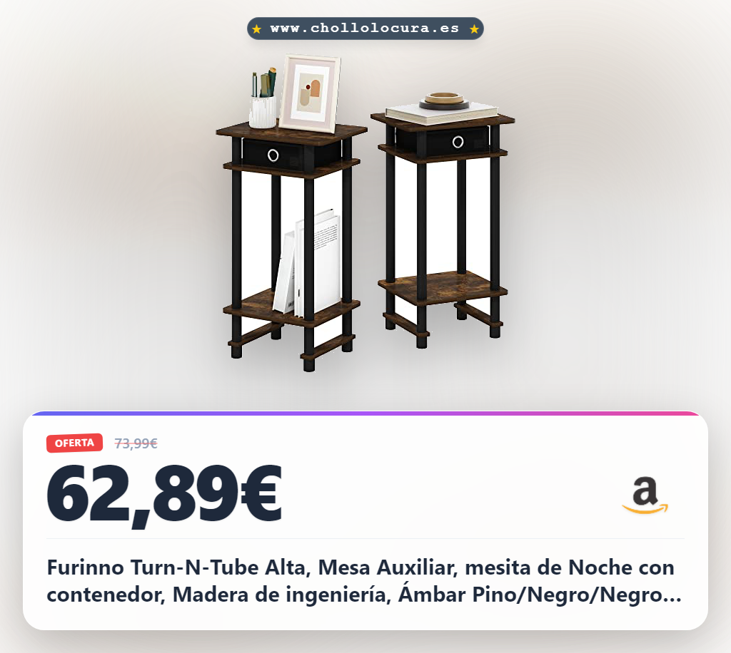 Furinno Turn-N-Tube Alta, Mesa Auxiliar, mesita de Noche con contenedor, Madera de ingeniería, Ámbar Pino/Negro/Negro, Paquete de 2
